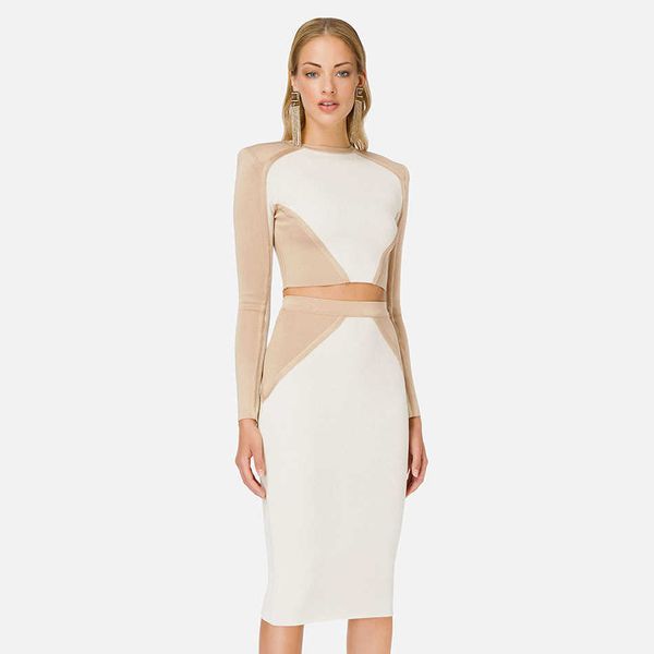 

party dresses autumn and winter long-sleeved color-blocking round-neck women's suit casual design party elastic bandage dress, White;black