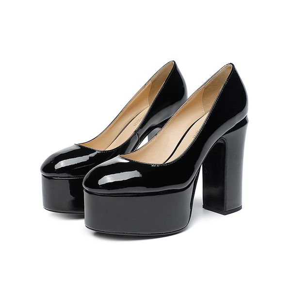 

round head high heelwaterproof platform shallow single shoe cow paint leather upper sheepskin lining large heel flat head comfortable all-se, Black