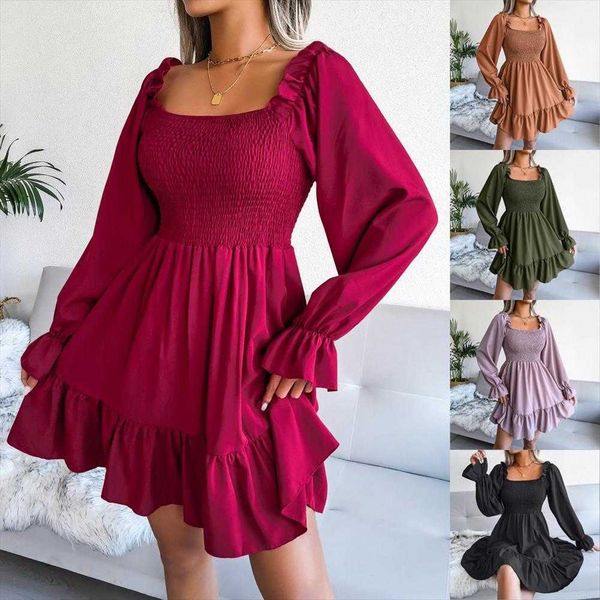 

autumn and winter dresses square collar flared long sleeve ruffled large swing, Black;gray