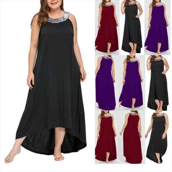 

spring summer dress fashion round neck halter sequined sleeveless large long, Black;gray
