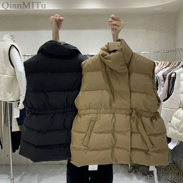 

women's vests fashion autumn stand collar elegant coats warm outerwear casual belt sleeveless winter women jackets 230111, Black;white