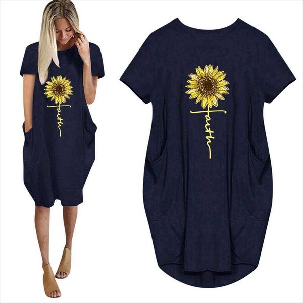 

summer short sleeve dress sunflower printed scoop neck skirt pocket, Black;gray