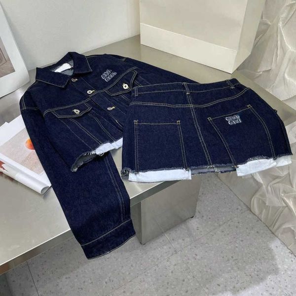 

fashion women denim jacket letter embroidered skirts coat two-piece miu designer jackets womens fashion casual denim skirt set, Black;brown