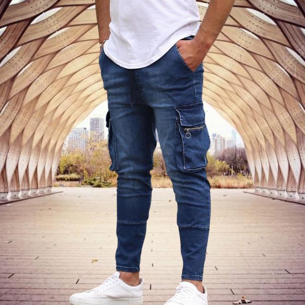 

men's jeans slim fit stretch casual fashion multi pocket denim trousers everyday street work hip hop pants 230111, Blue