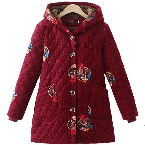 

women's down parkas oversized women winter corduroy hooded jacket plus velvet thicken embroidery warm long coat size loose outwear 6xl, Black