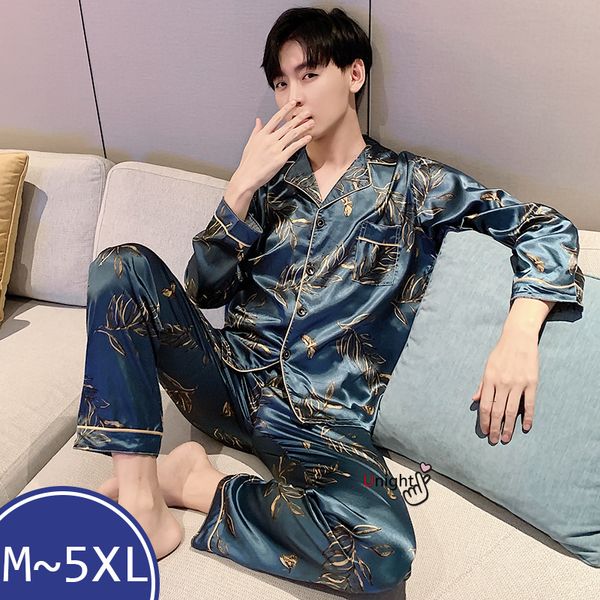 

men's sleepwear large 5xl men underwear 2piece set winter pajamas silk trousers suit oversize luxury autum lounge wear 230111, Black;brown