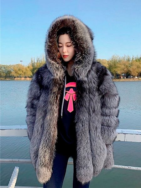 

women's fur faux winter women warm real silver coat genuine jacket fashion luxury natural streetwear hood plush 230110, Black