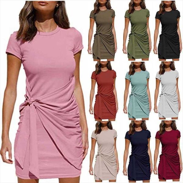 

short sleeve dresses round neck pleated bow belt summer irregular dress, Black;gray