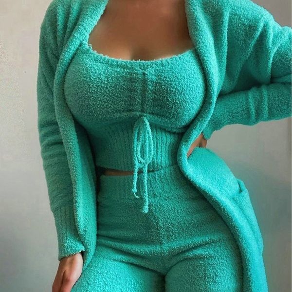 

women's tracksuits autumn winter women set velvet home suit crop long pants coat 3 pieces warm soft fleece homewear pyjamas 230110, Gray