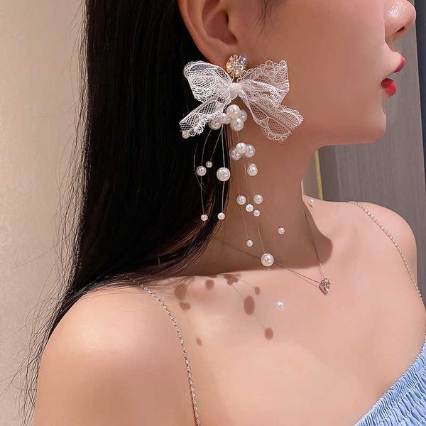 

925 silver needles europe and the united states exaggerated personality pearl lace bow earrings long earrings 230118, Golden