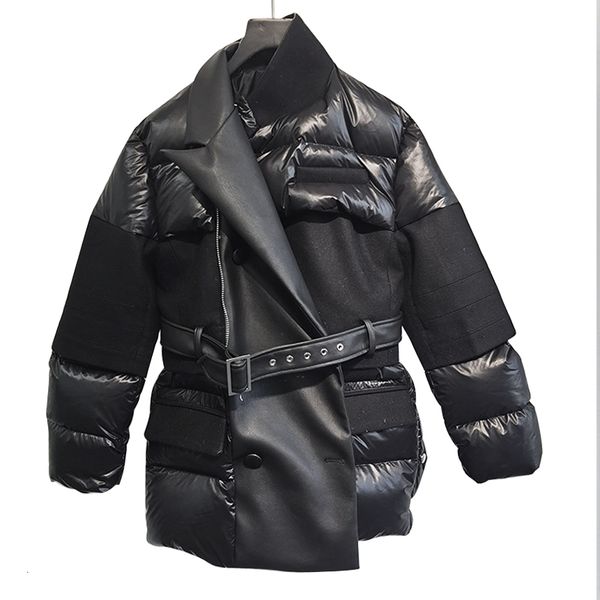 

women's down parkas aw22 luxury japan style with belt woolen splicing casual lady down jacket women puffy coat winter jackets 230110, Black