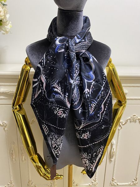 

women's square scarf 100% silk material black color scarves print letters flowers patten size 110cm -110cm, Blue;gray