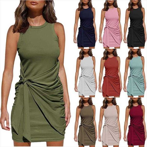 

women s sleeveless dress round neck bowknot solid irregular belt, Black;gray