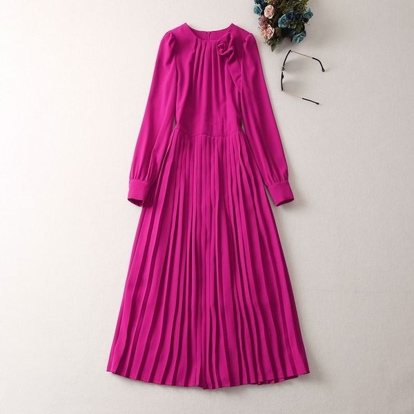 

casual dresses european and american women's clothes 2023 spring new long sleeve disc flower purple round neck fashion pleated dress xx, Black;gray