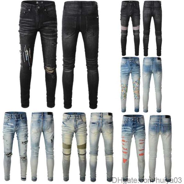 

mens designer jeans distressed ripped biker slim fit motorcycle bikers denim for men fashion mans letter print hip hop pants huiya03, Blue