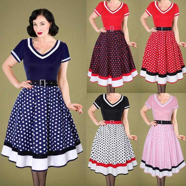 

womens v neck patchwork large swing dress hepburn style retro, Black;gray