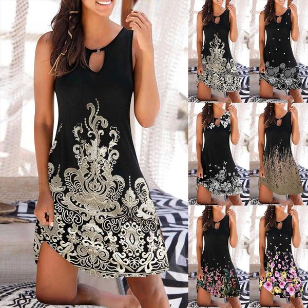 

summer mid skirt womens dress sleeveless fashion printed, Black;gray