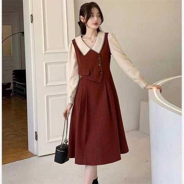 

doll collar age reducing design casual dresses sense vest stitching fake two, Black;gray