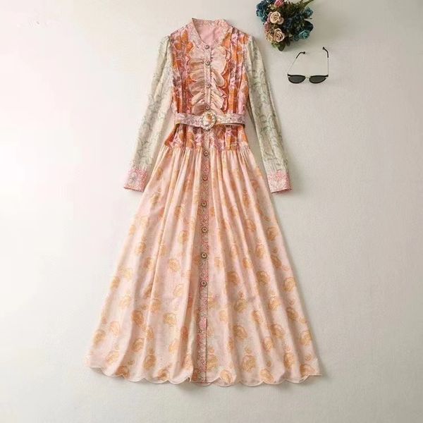 

casual dresses european and american women's clothes 2023 spring new long sleeve color matching printed belt fashion pleated dress xxl, Black;gray