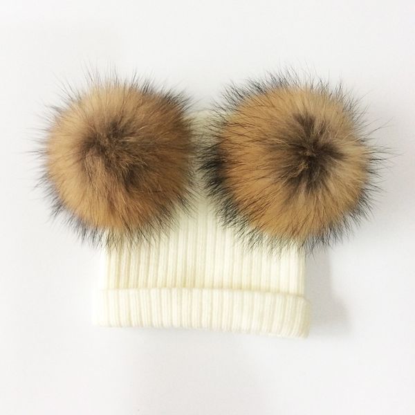 

caps hats baby hat natural raccoon fur baby cap two pompom kids caps winter children's hats with pompom 230111, Yellow