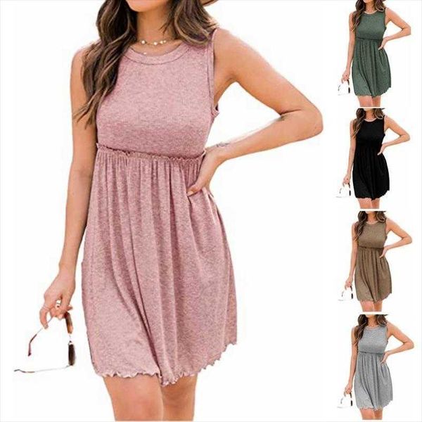 

womens round neck rib dress knitted high waist crimp maxi dresses vest, Black;gray