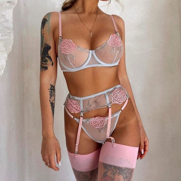 

bras sets womens fashion underwear flower embroidery three point sleepwear lace bra briefs underwears, Red;black