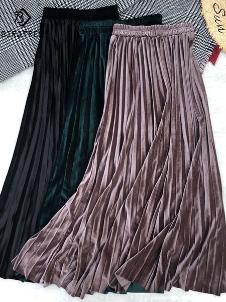 

skirts 90cm autumn winter women golden velvet long skirt korean ladies elastic casual high waist pleated bottoms b07004r 230110, Black