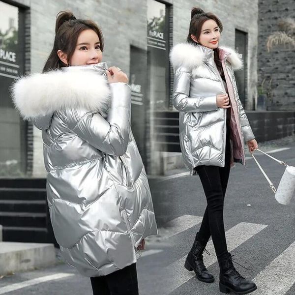

women's down parkas winter parka fur collar hooded coat female jacket long casual thick warm ladies snow wear silver 230111, Black