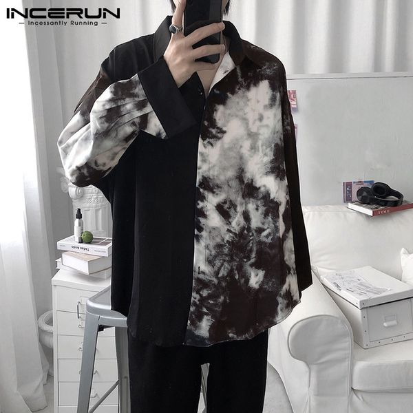 

men's casual shirts men shirt spring print patchwork lapel long sleeve streetwear korean loose fashion camisas 5xl incerun 230111, White;black