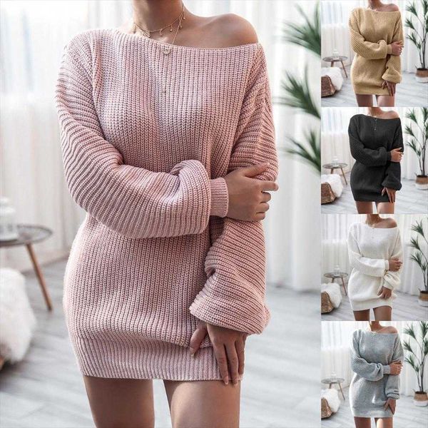 

autumn and winter long sleeve dresses off shoulder casual loose knitted sweater, Black;gray