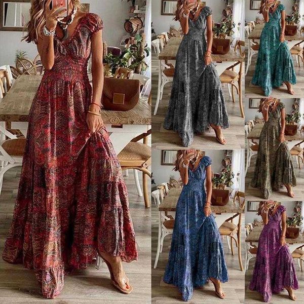 

simi style retro long dress tight waist floral print large swing, Black;gray