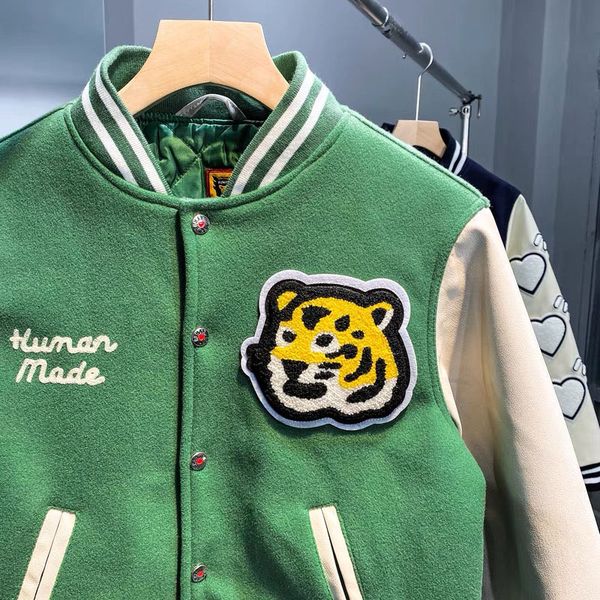 

men's jackets human made girls dont cry baseball jersey tiger head leather sleeves men women patchwork jacket 230110, Black;brown