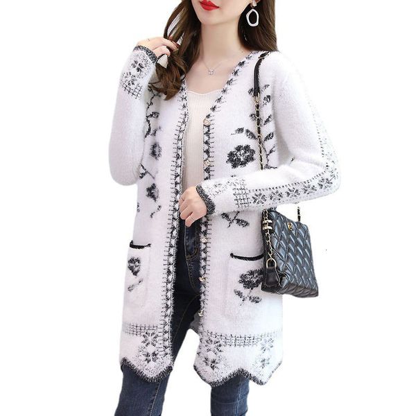 

women's knits tees autumn winter sweater jacket fashion jacquard buttons knitwear cardigan women casual ladies jackets 230111, White