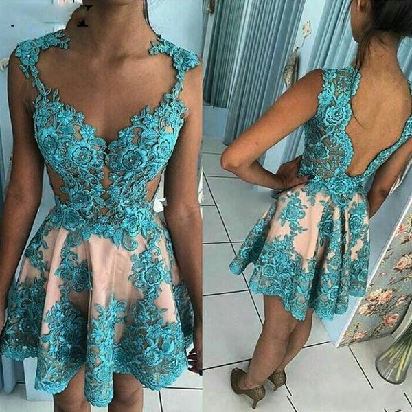 

2023 short prom dresses jewel neck turquoise champage lace appliques crystal beads sleeveless open back cutaway sides evening dress pageant, Black