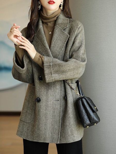 

women's knits tees jackets for women double breasted pocket elegant long coat wool blends fashion vneck office lady grey heavy 230111, White