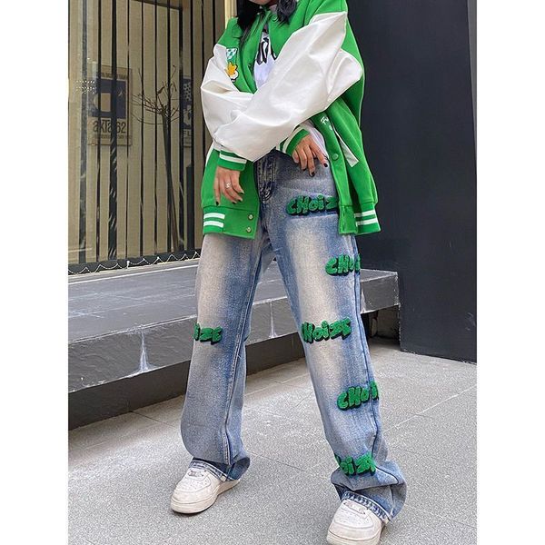 

women's jeans embroidery high street style hiphop flocking jeans autumn wide leg pants for men and women waist fashion clothes 230110, Blue