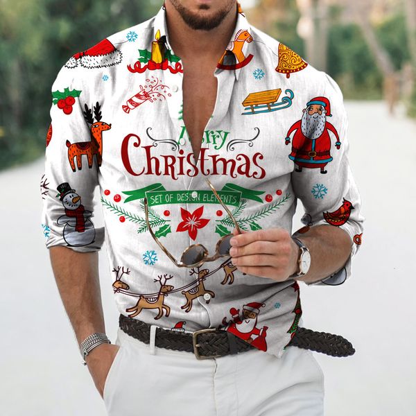 

men's casual shirts christmas 3d printed xmas long sleeve blouse holiday party oversized tee shirt for men clothing harajuku camisa 23, White;black