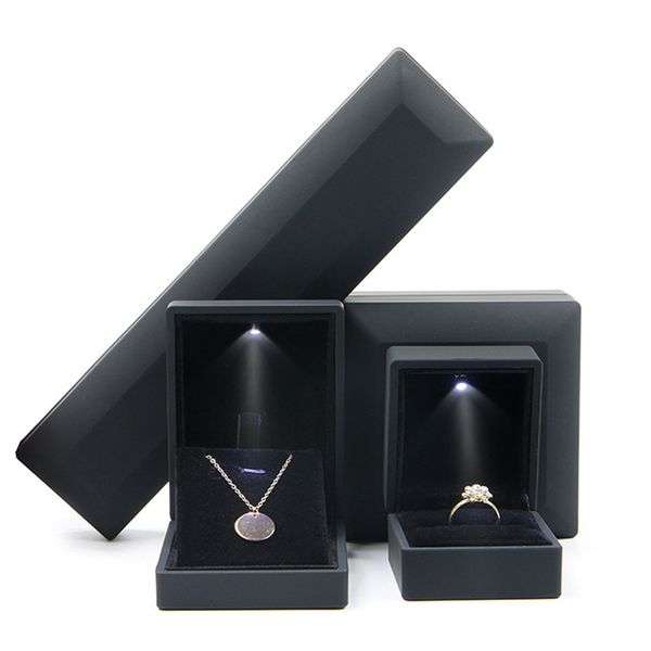 

led light jewelry box ring necklace gift storage case engagement wedding display jewellery boxes portable packaging, Black;white