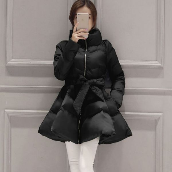 

women's down parkas womens jacket winter warm coat long sleeve zipper bow belt thicken space cotton casual female costume outwear 23011, Black