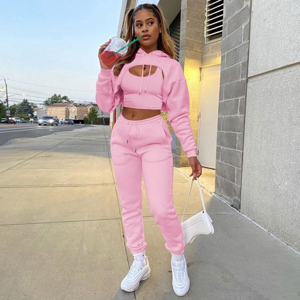 

women's two piece pants 3 set women tracksuit winter fleece hollow out hoodies sweatshirt cotton vest jogging suit classy outfits femal, White