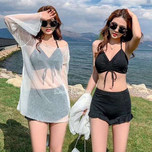 

women's swimwear swimsuit coverup bikini set 3 pieces swimming solid high waist black simple korean style long sleeve swimsuit bq 23011, White;black