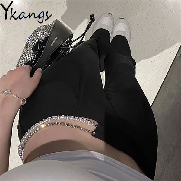 

women's pants s removable faux pearl chan black suit korean gothic high waist straight leg harajuku women y2k trousers 230110, Black;white
