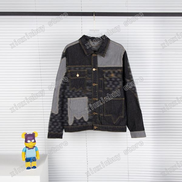 

xinxinbuy men designer coat denim panelled pocket stripe letters jacquard webbing jogging paris cotton women black m-2xl, Black;brown