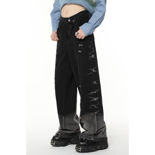 

women's jeans black women gradient irregular american fashion vintage wide leg jean female denim trouser straight baggy pants 230110, Blue