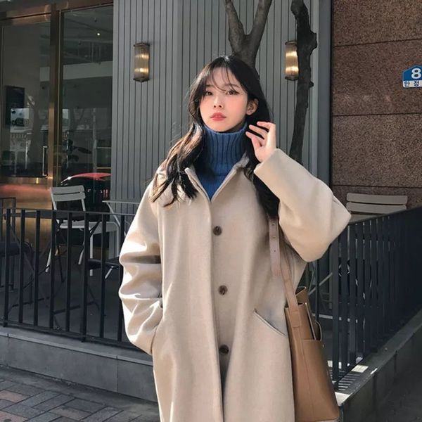 

women's knits tees korean autumn and winter fashion wool coat women's retro hepburn style single breasted loose fit medium long 23, White