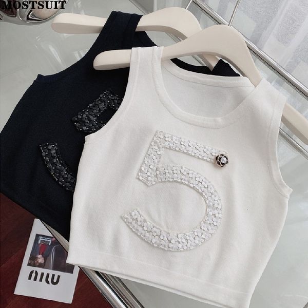 

women's vests three-dimensional knitted crop sweater vest women sleeveless o-neck short tees camisole streetwear stylish chic ladies 23, Black;white