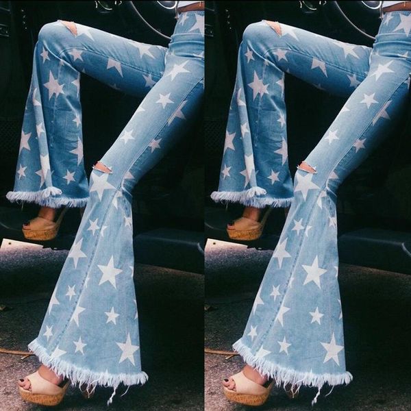 

women's jeans woman fashion skinny star shape printed with tassel stretchy denim high street bell bottoms vintage flare pants 230110, Blue