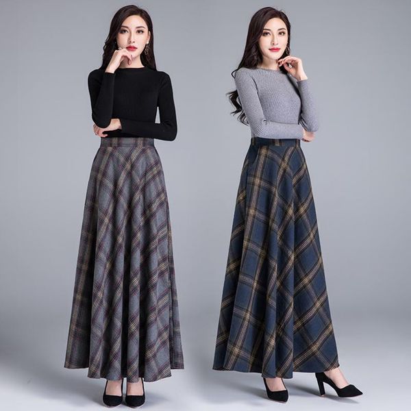 

skirts mom high waist woolen plaid autumn winter women's 3xl wool maxi female fashion casual long streetwear 230111, Black