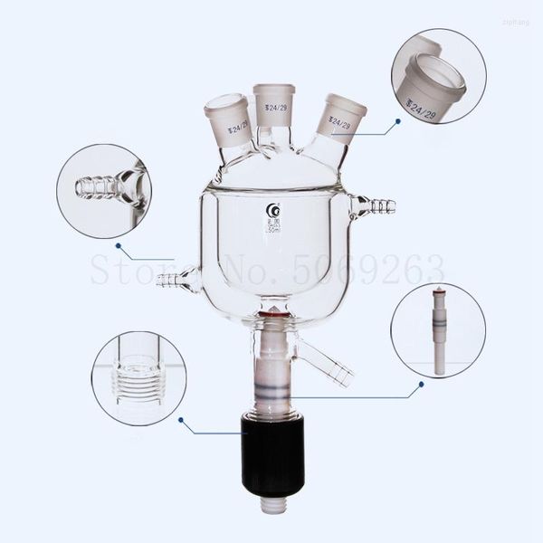 

four mouth jacketed reaction bottle with ptfe plunger valve kettle discharge double-layer reactor flask