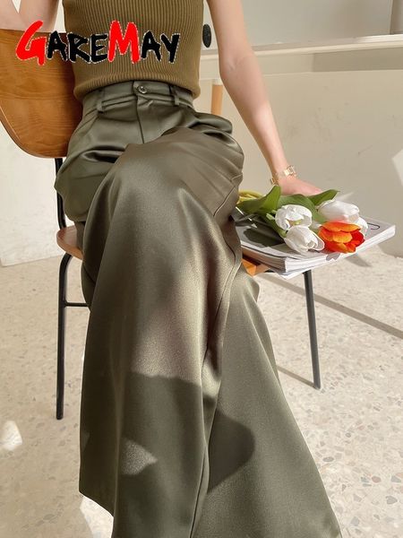 

women's pants s garemay summer autumn loose solid classic black straight high waist casual silk satin wide leg trousers for women 23011, Black;white